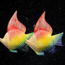 Pair Of Hand Carved Wood Rainbow Fish Figures 8”T 7”W picture