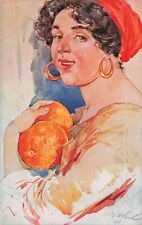 Colorful Woman with Large Oranges by Czech Artist Oldrich Cihelka Postcard picture