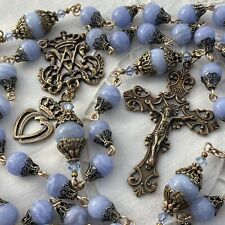 Elegant Rosary Ave Maria Crown Blue Lace Agate Bronze Crucifix Center 2 Hearts picture