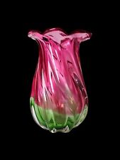 Vintage Watermelon Swirl Hand Blown Vase~Ruffled Edge~Cranberry/Green picture
