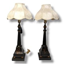 Pair Of Wooden Neoclassical Empire Lamps With Antique Shades Queen Anne Style picture