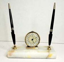 Vintage Linden Desk Clock Double Pen Holder On Marble Stand  picture