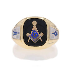 Yellow Gold Blue Lodge Men's Master Mason Ring - 10k Onyx Enamel Masonic picture