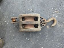 Antique Vintage Large Double Block & Tackle Pulley with Hook Wood and Cast Iron picture