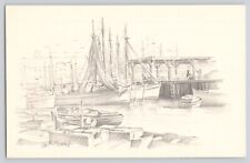 Postcard Artist Sketch Jas F. Murray Sailboats Docked Vintage Unposted picture