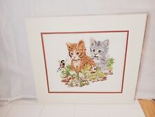 Pair Playful Cat Kittens Needle Point Art Handmade Bird Spring Unique 15x18 picture