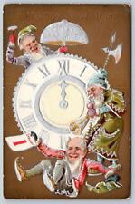 1910's JANUARY 1 ELVES RING IN THE NEW YEAR CLOCK EMBELLISHED GOLD SILVER picture