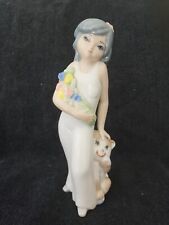 Vintage CASADES Porcelain Girl Woman Large Eyes Figurine Dog & Flowers Spain picture