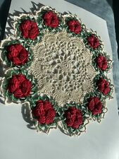 Handmade Vintage Crochet Doily Cream Center with Red Roses 14 inch picture