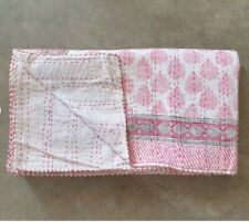 Leaf Print Pink Indian Kantha Quilt Handmade Throw Blanket Reversible Bedspread picture
