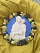 VTG Madonna & Baby Ceramic Majolica #168 Italy Fruit Round Wall Plaque 9.5” picture