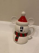 DISNEY Mickey Mouse Snowman Mug W/ Santa Hat Topper Winter Holiday Christmas HTF picture