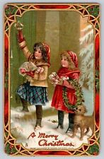 Postcard Tucks Christmas Frances Brundage Girls Dog Presents Snow Carolers 1910 picture