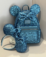 NEW Loungefly Disney Parks 2024 HYDRANGEA Blue Sequin Minnie Mouse Backpack Ears picture