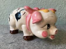 Vintage Ceramic Pottery Girl Piggy Bank Hand Painted with Pink Bow picture