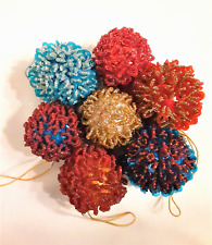VTG 7 Beaded Sequin Ornaments INDIA Christmas Red Orange Teal Gold 1.75