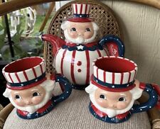 NEW Johanna Parker Ceramic July 4th UNCLE SAM Patriotic America Teapot + 2 Mugs picture