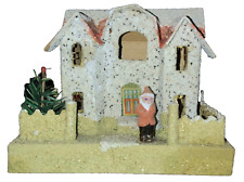 VINTAGE CHRISTMAS LARGE COCONUT PUTZ HOUSE - SANTA FIGURE & BLUE GLITTER STUCCO picture