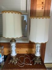 Two Italian Style Frosted Glass Cylinder Lamps with Ceramic Figural Cherubs  picture