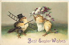 Embossed Easter Postcard 2011. Chimney Sweep Chick And Baker With Plate of Eggs picture