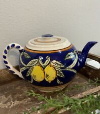 Vtg Whimsical Handpainted Cobalt Blue Yellow Lemon Botanical Pottery Teapot picture