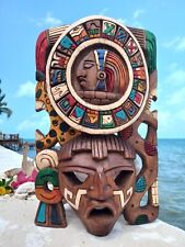 Mayan Calendar Carved Wood Mask Artistic Piece for Authentic Mexican Decor 16-in picture