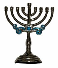 Hanukkah Jewish Menorah Beautiful Silver & Blue 8 mm Size Candles   9” Tall EUC picture