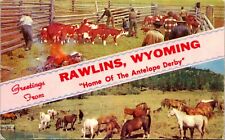 c1960's Greetings From Rawlins Wyoming WY Cowboys Unposted Vintage Postcard picture