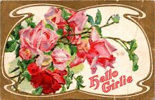 vintage postcard - Hello Girlie pink roses embossed unposted c1900s picture