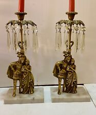 2 Antique French Girandole Brass Marble Candle  Chrystal Mantle Lusters picture