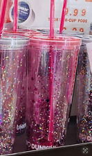 2023 Dunkin Donuts 24oz Valentine’s Day Pink Glitter Travel Tumbler, Heart straw picture