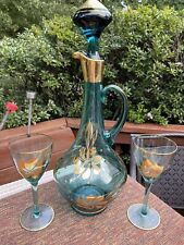 VTG Hungarian Teal  Blue Decanter With Stopper And 2 Cordial Glasses Gold Gilt picture