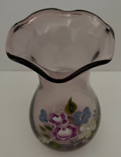 Fenton Design Teleflora Gift Purple Fluted Top Vase Hand Painted Flowers Vintage picture