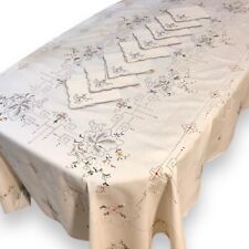 Antique Madeira Tablecloth Linen Hand Embroidered 12 Napkins Cutwork Flowers picture