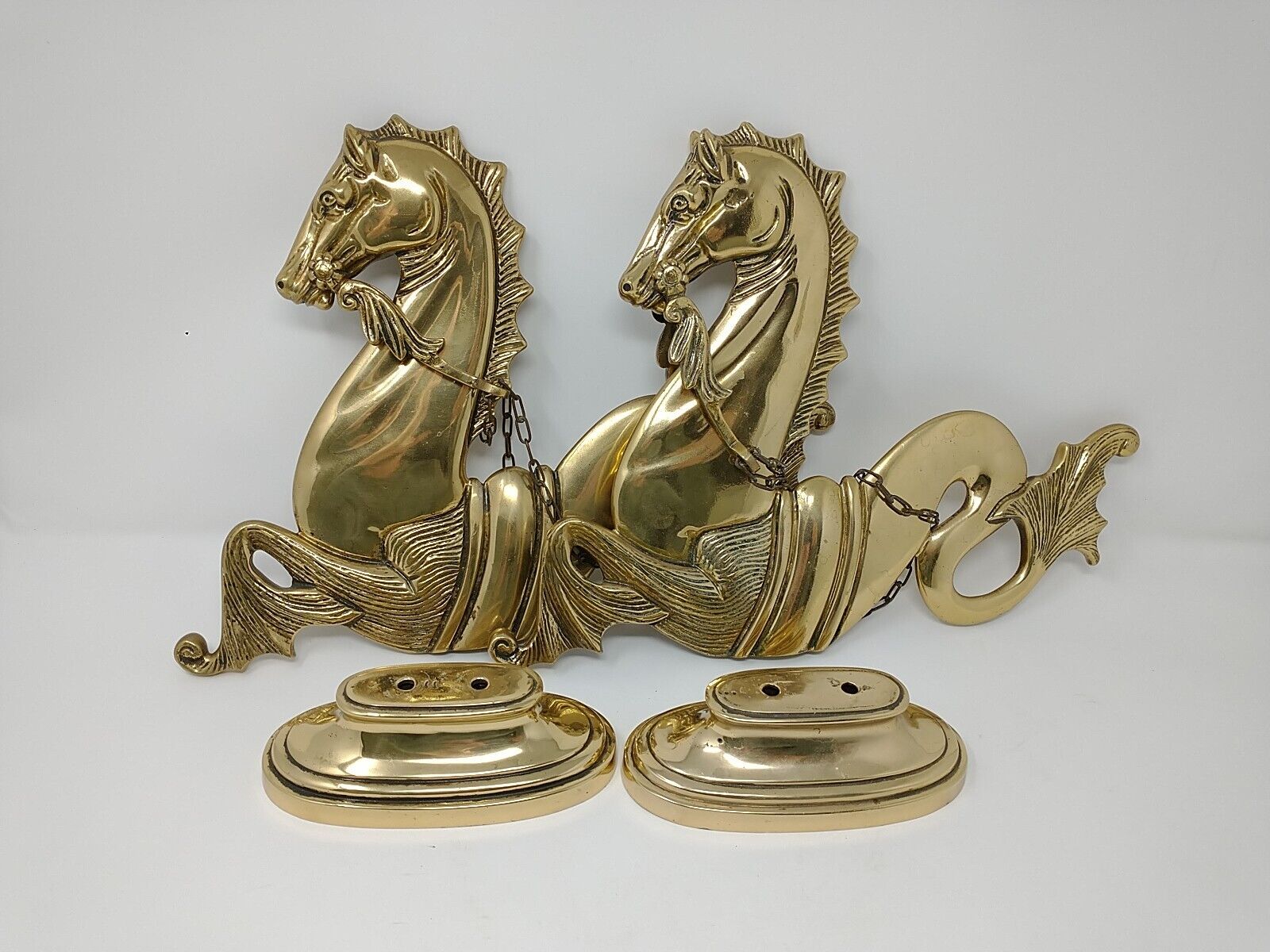 Antique Venetian Brass Hippocampus Seahorse Statues Pair Gondola Ornaments 14\