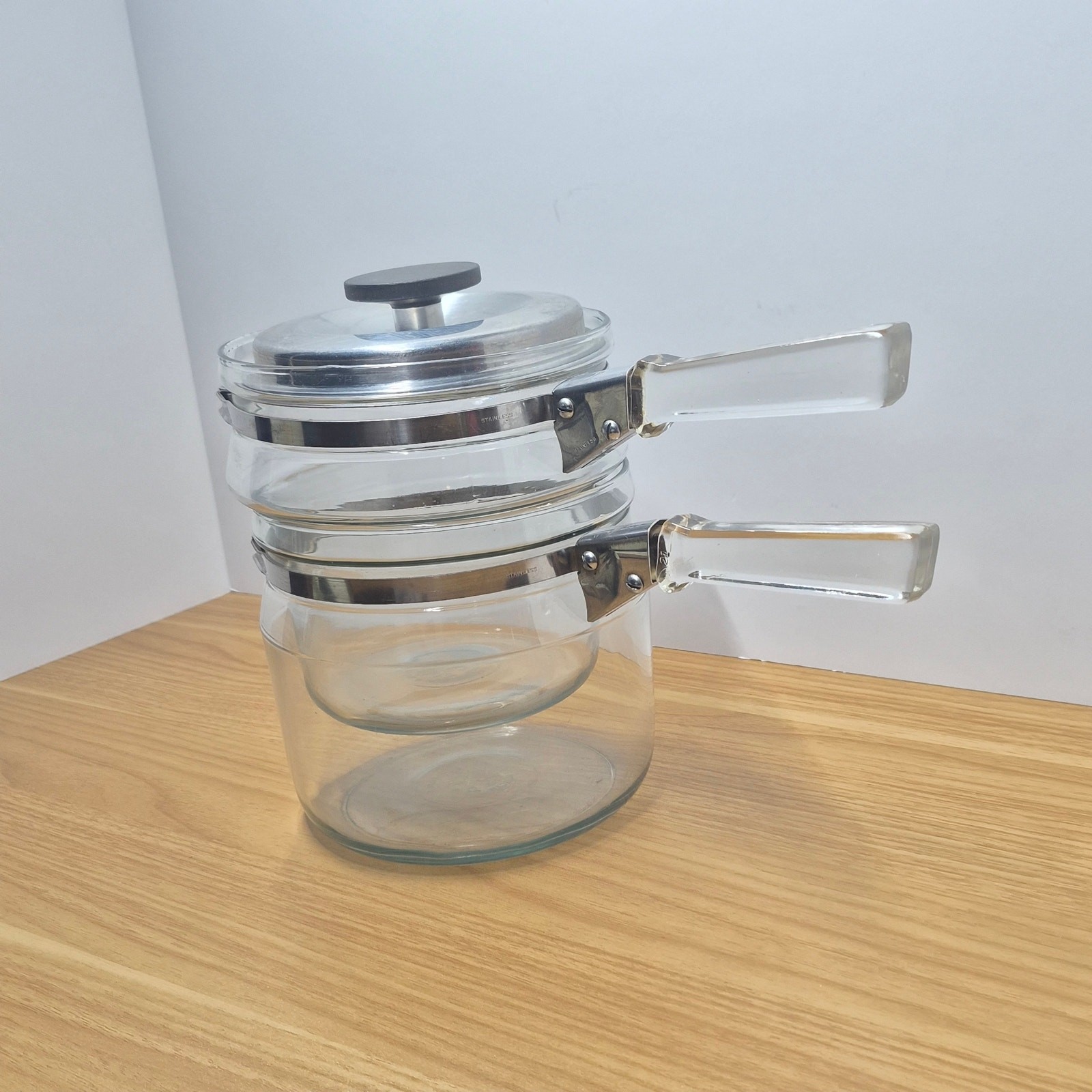 Vintage Pyrex Flameware 1940s Glass Double Boiler 3pc Stacking Glass Handles Vintage Pyrex Flameware 1940s Glass Double Boiler 3pc Stacking Glass Handles
