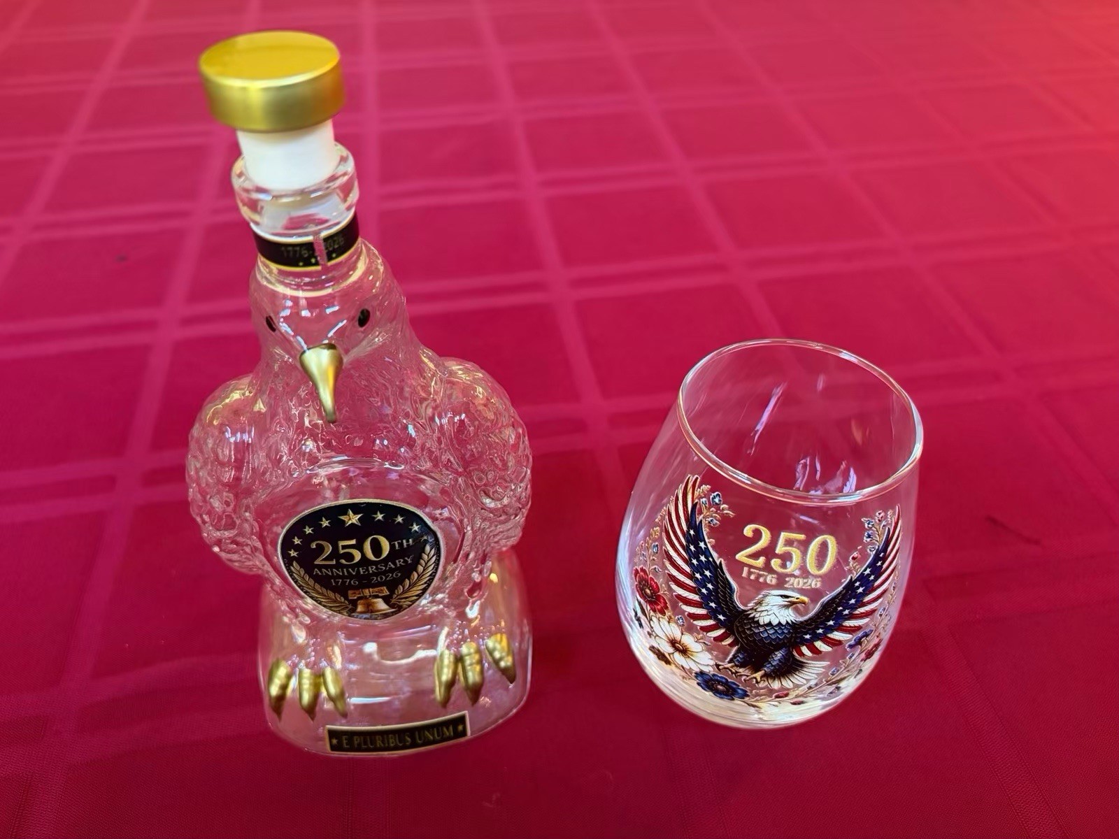 250th Anniversary 1776-2026 Eagle Liquor Glass Bottle w/ Stopper + Tumbler