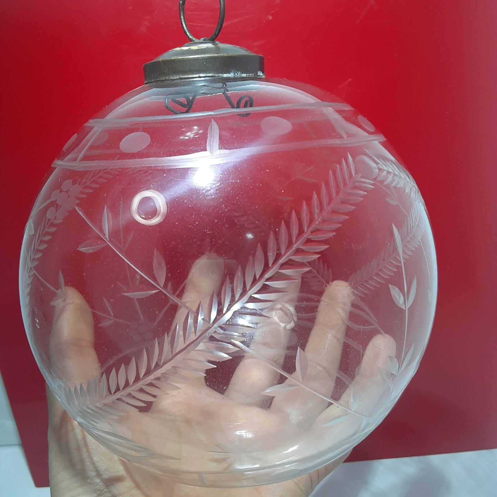Vintage German Large Glass Etched Christmas Round Ornament Hand Made 5.5” Rare Vintage German Large Glass Etched Christmas Round Ornament Hand Made 5.5” Rare