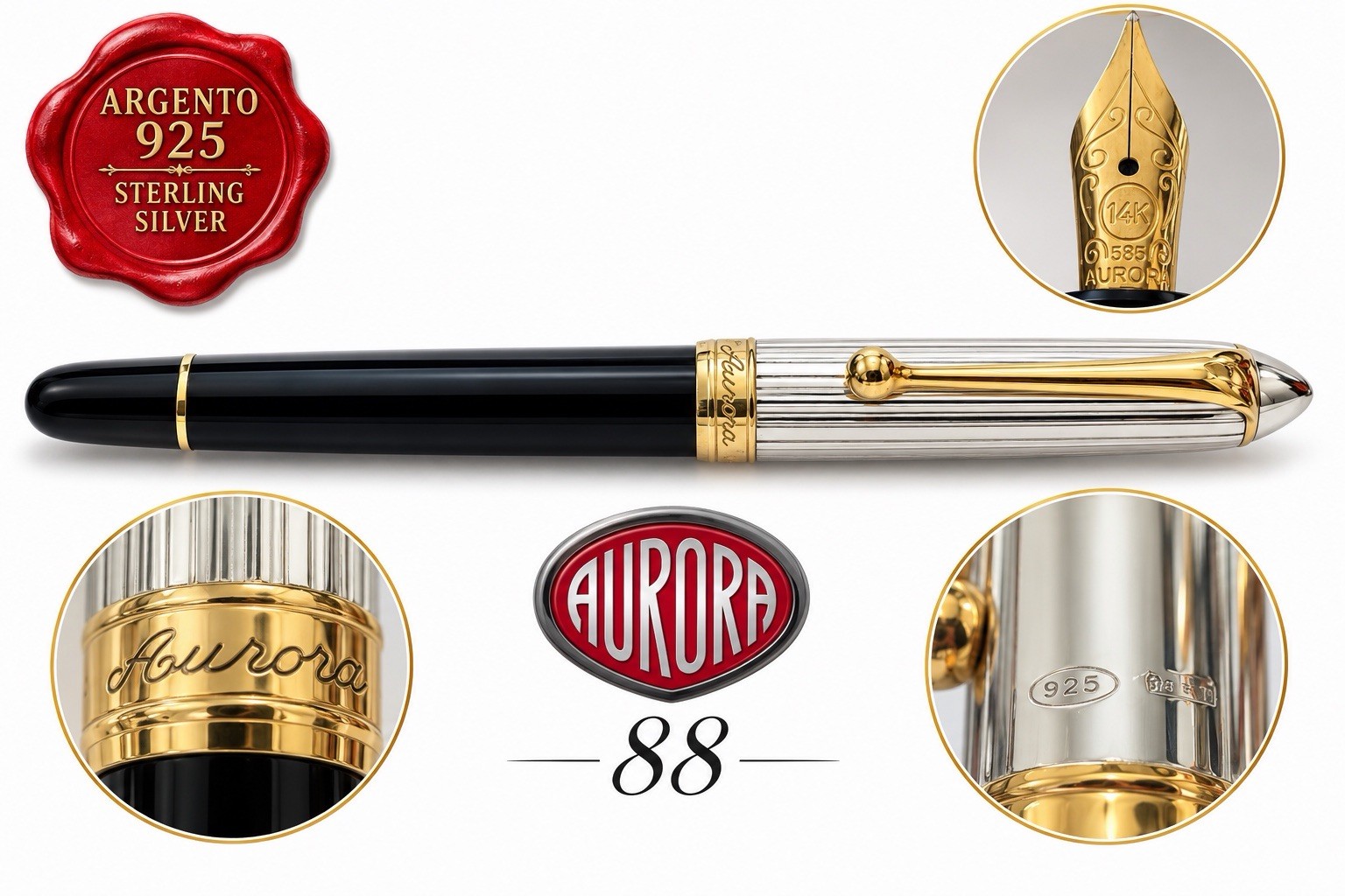 AURORA 88 Fountain Pen Silver 14 KT Gold Nib 14 KT Gold Guarantee Case NOS AURORA 88 Fountain Pen Silver 14 KT Gold Nib 14 KT Gold Guarantee Case NOS