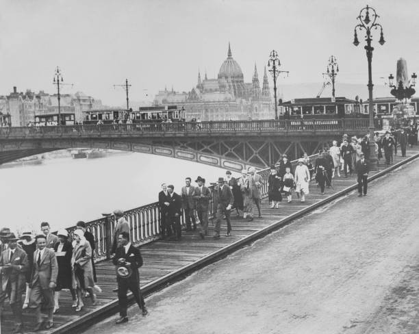 Crowds near Margaret Bridge Budapest Hungary 1930s 1930 Old Photo Crowds near Margaret Bridge Budapest Hungary 1930s 1930 Old Photo