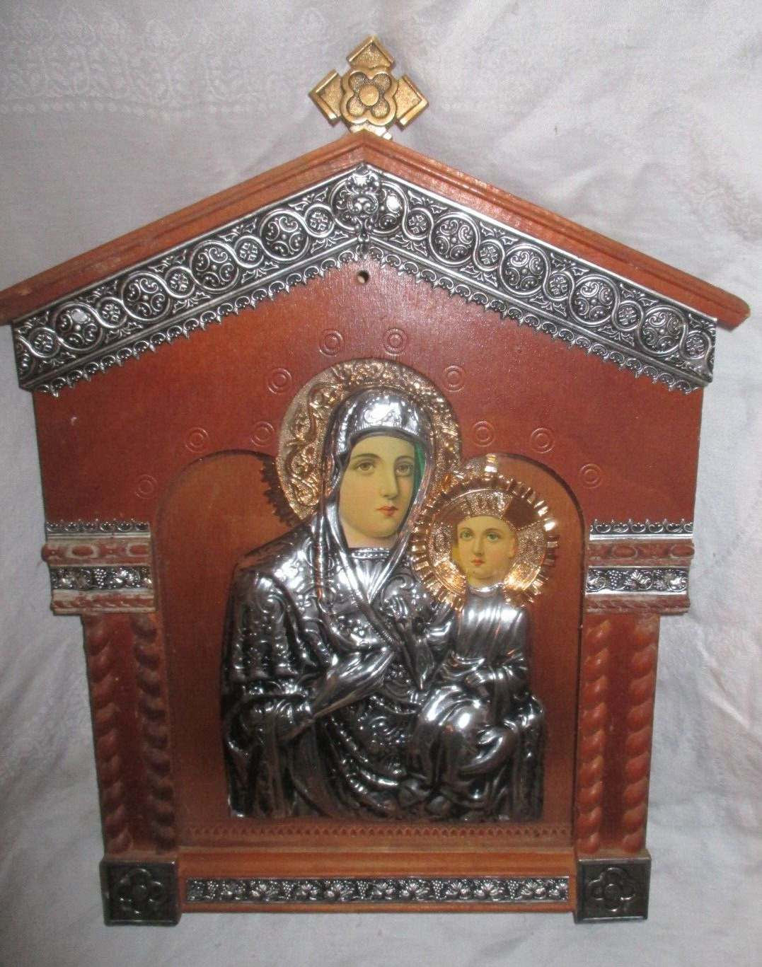 ORTHODOX Icon Madonna Child Embossed Metal Wood open Frame
