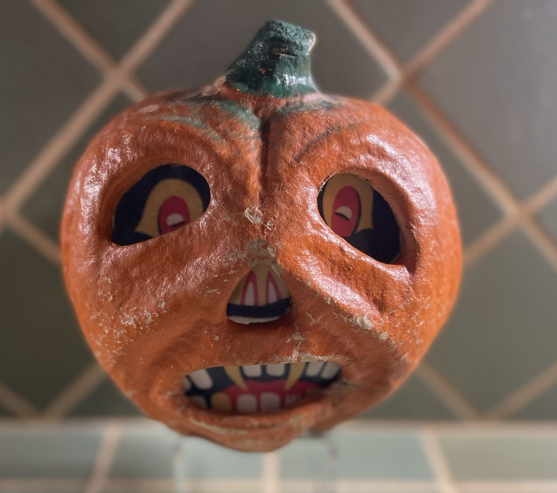 Vintage 1930s HALLOWEEN Paper Mache/Pulp 7” JOL PUMPKIN "MR GRUMPY"  Nice Cond