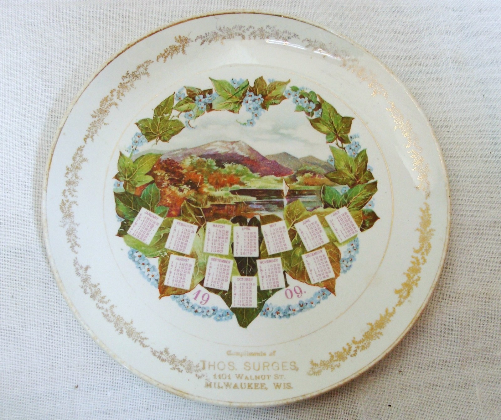Vintage Antique 1909 Calendar Plate - Milwaukee Wisconsin Vintage Antique 1909 Calendar Plate - Milwaukee Wisconsin