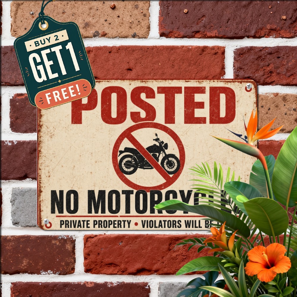 No Motorcycles Allowed Prohibition Sign Distressed Metal Plaque Decor