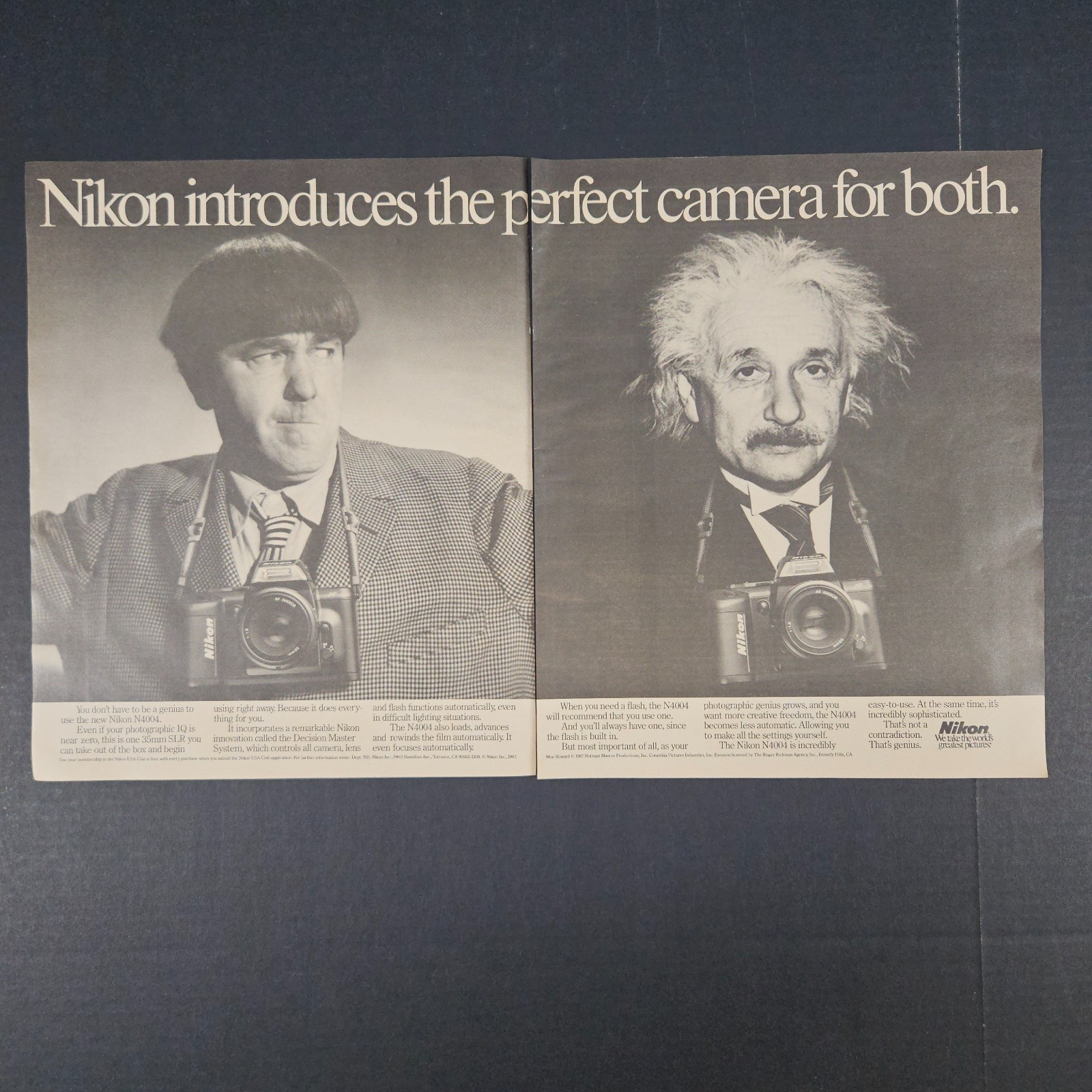 1987 Nikon Cameras N4004 Vintage Print Ad Moe Howard Albert Einstein Photography 1987 Nikon Cameras N4004 Vintage Print Ad Moe Howard Albert Einstein Photography