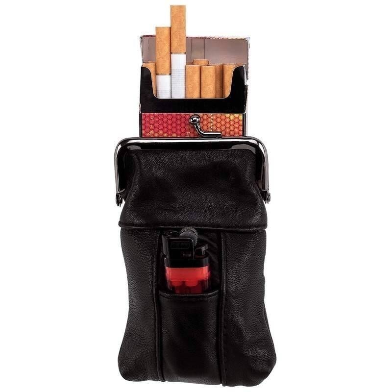 New Black Leather Cigarette Case Tobacco Holder Lighter Pocket Clip Close Top