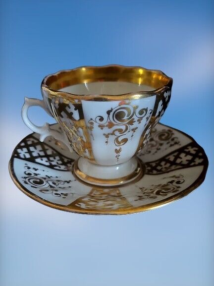 Antique German KPM porcelain Cup & Saucer heavy Gold Decoration 19th C.