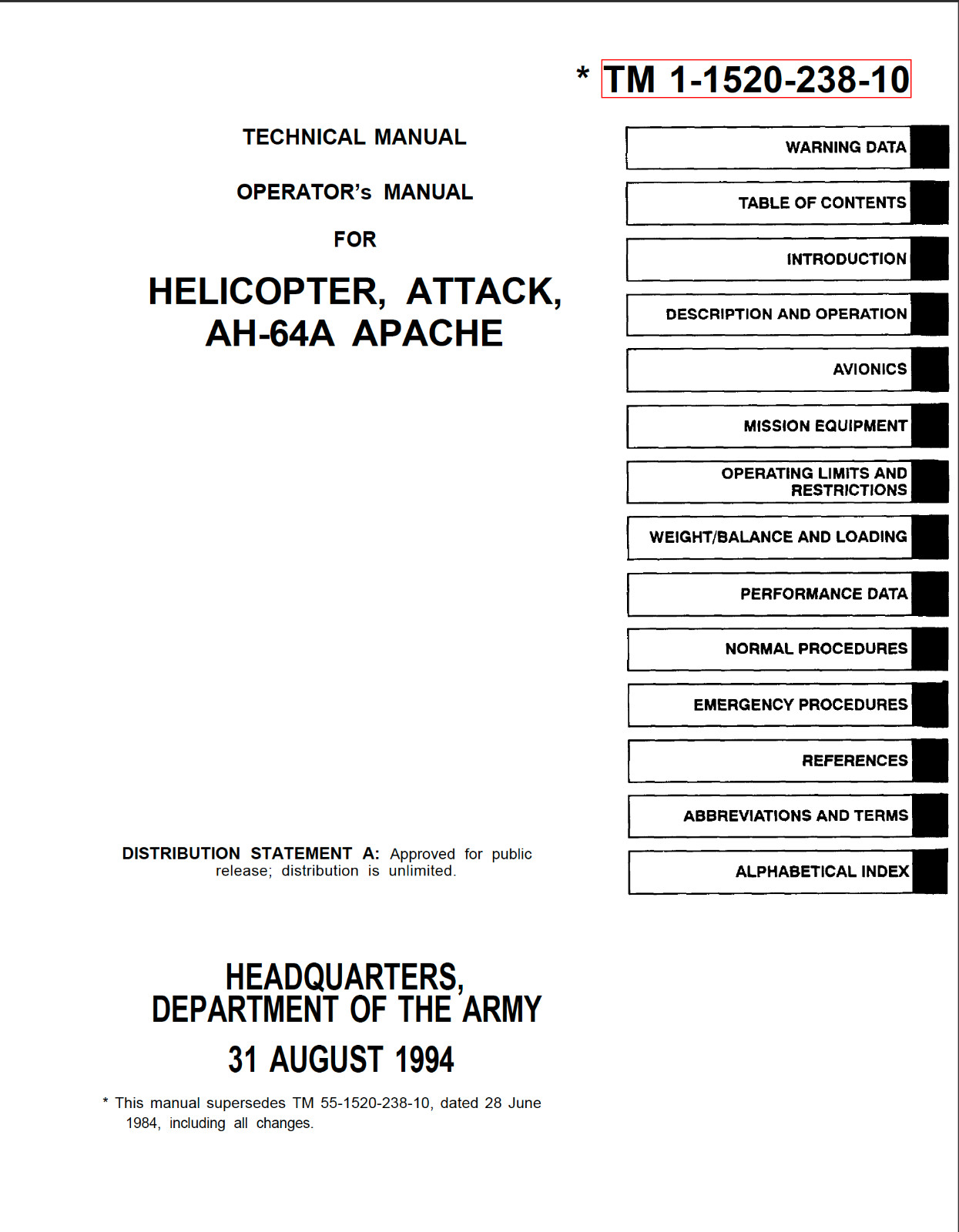 636 Page 1999 AH-64A APACHE TM 1-1520-238-10 Helicopter Flight Manual on Data CD