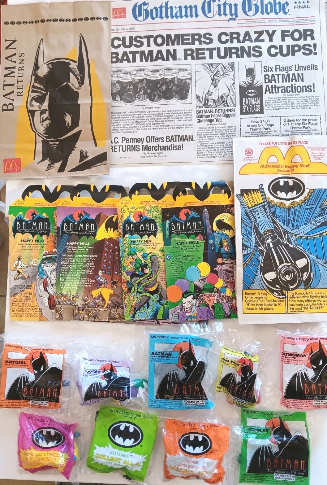 HUGE Batman Collectibles, 9 Toys, 2 Bags, 4 HM Boxes, Placemat - ALL MINT HUGE Batman Collectibles, 9 Toys, 2 Bags, 4 HM Boxes, Placemat - ALL MINT