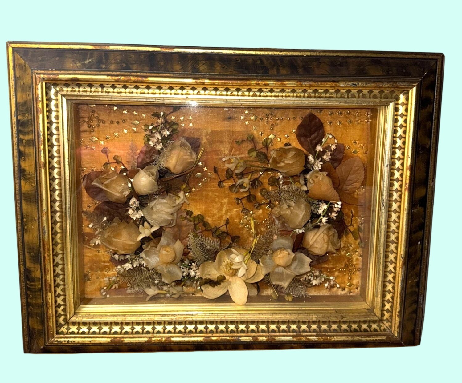 Large 18x14" Antique Victorian Shadow Box wax dried Flowers Gold Ornate Frame